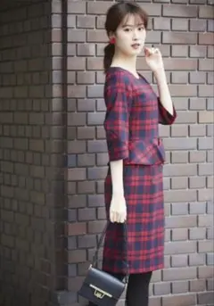 好感度上昇ウエストペプラムチェック柄ワンピース　tocco