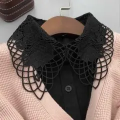 レディース つけ襟 刺繍 フリル ブラック 花 フェイクカラー