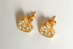 【美品】ハート型ゴールドトーンピアス　クリアストーン付き　約0.8cm