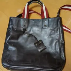 BALLY　ダークブラウン トートバッグ 　赤白ストライプ