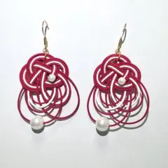水引ピアス 濃ピンク×白 ハンドメイド