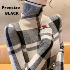 再入荷！！【新品未使用】ブラックチェック タートルネックニット フリーサイズ