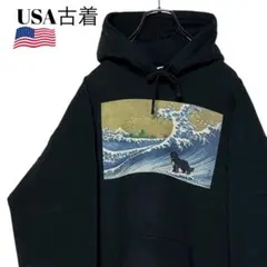 00sヴィンテージUSA古着 プルオーバーパーカー 黒 XL日本画サーフィン