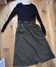 リブ編み黒トップカーキスカート　ドッキングワンピース