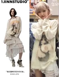 【kiiikiii JIYU着用】1jinnstudio 黒猫シアーTシャツ