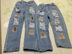 お揃い　テディベア刺繍ダメージデニムパンツ　4才　7才