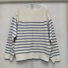 [毛玉軽減]ボーダー柄 クルーネック ニット アイボリー×ブルー L