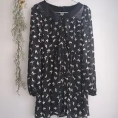 INGNI/猫プリント シフォン長袖ワンピース 韓国風