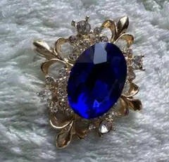 ヴィンテージ風　青　クリスタル調ストーン装飾　ブローチ　　パーティ