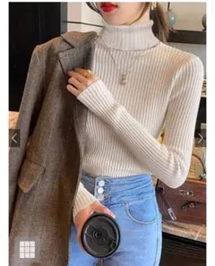 【GRL】タートルネックリブニットトップス k8534v ライトベージュL