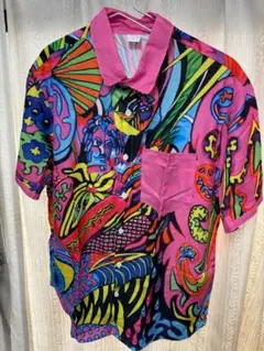 メンズ サイケ総柄 ピンク 半袖シャツ