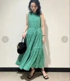 Mila owen フローラルシャーリングネックノースリワンピース グリーン
