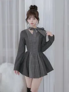 darich ダーリッチ チェックストライプバルーンミニワンピース グレー