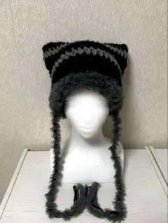 【期間限定お値下げ中】猫耳ニット帽 y2k ハンドメイド 黒　グレー　かぎ針編み