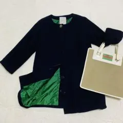 denicherデニシェ　紺色　ノーカラーコート　グリーン裏地