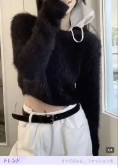 黒いファー風クロップドニット 韓国 トップス