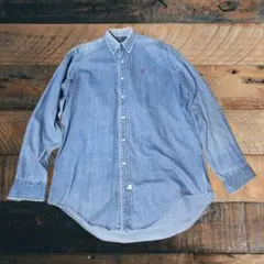 ラルフローレン デニムシャツ Mサイズ 赤ポニー刺繍 ボタンダウン 90s