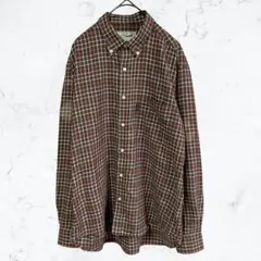 13683 クロコダイル チェックシャツ M 茶 ボタンダウン ロゴ刺繍 古着