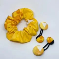 鱗模様　シュシュ　くるみボタンのヘアゴム　3点セット　おまけ付き