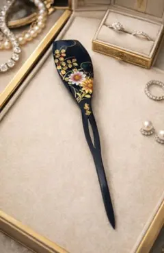 蒔絵風 花柄 かんざし 黒 和装 和小物 上品