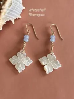 14kgfピアス　蓮の葉カービング×ブルーアゲート　天然シェル