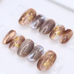【144】ネイルチップSサイズ ブラウンニュアンス 金箔パール マグネット 花柄