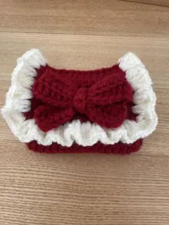 フリルリボンポーチ　ボルドー　編み物