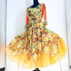 【美品 社交ダンス衣装】ワンピース ドレス 黄色 イエロー 水色 青 緑