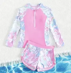 新品未使用　女の子 ジッパー付きタンキニ　水着　ストライプ柄　ラッシュガード