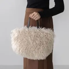 【美品】ふわふわ ロングファー ハンドバッグ ベージュ 軽い トートバッグ