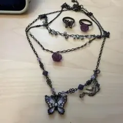 ANNA SUI紫の蝶モチーフ ネックレスとイヤリング 4点セット