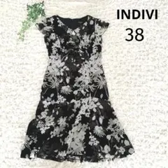 インディヴィ 花柄 シフォン ワンピース 38 M ブラック 綺麗め 上品のサムネイル
