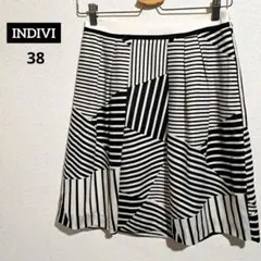 INDIVI インディヴィ 総柄 ボーダー柄 ひざ丈 フレア スカート38