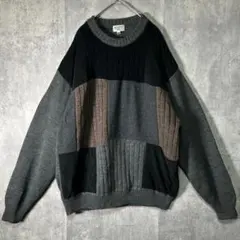 日本製 ヴィンテージ ニット フェイクレザー パッチワーク セーター ウール