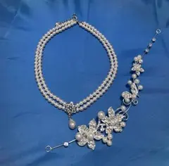 パールネックレスと花モチーフヘアアクセサリーセット