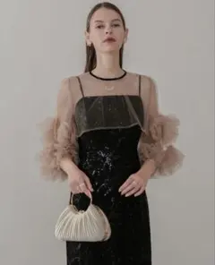 フラワースパンコールチュールフリルスリーブIラインワンピースドレス結婚式二次会