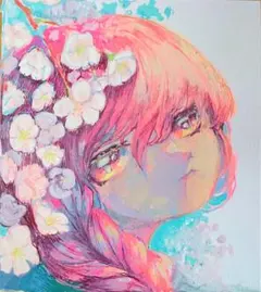 手描き イラスト 原画 一点物 創作 オリジナル 桜 女の子 アナログ 色紙