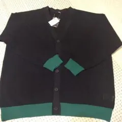 透かし編みVネックカーディガン LL ネイビー×グリーン