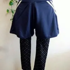 ドット柄七分丈レギンス付きフィットネスパンツ12★紺Ｌサイズ