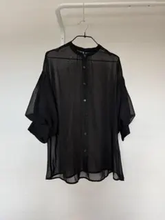 シースルーバルーンスリーブシャツ ブラック　シフォン　レース