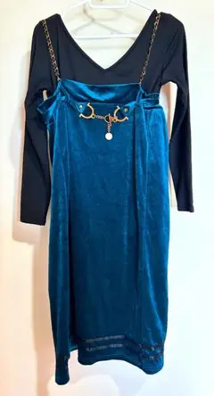 ゴールドチェーン ブルーグリーン ベロア キャミワンピース 大きいサイズ