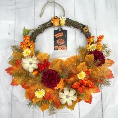 ハロウィンリース 秋色リーフと花飾り 30cm