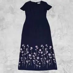 美品✨ ロングワンピース 11AR 紺 花柄 薔薇 レトロ 上品 発表会