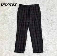 【美品】INCOTEX ウールセンタープレスパンツ 40 ブラウン チェックのサムネイル