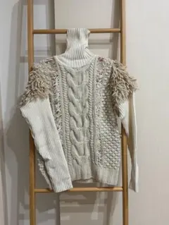 leinwande ローゲージフリンジタートルネックニット