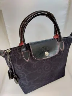 ロンシャン　布製　花柄　ブラック　ミニトートバッグ