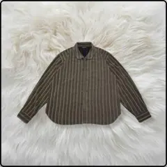 【日本製】 長袖 シャツ ストライプ ボタン ブラウン L ヴィンテージ カフェ