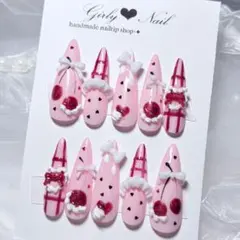 Ｎｏ．現品 ネイルチップハンドメイド ピンクレッドさくらんぼチェック手書き韓国