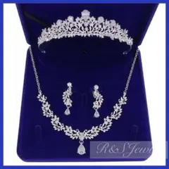 高品質ジルコニアティアラ＆ネックレスイヤリング/ピアス結婚式前撮り3点セット