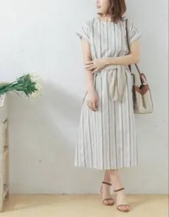 URBAN RESEARCH リネン ストライプ 半袖ロングワンピース